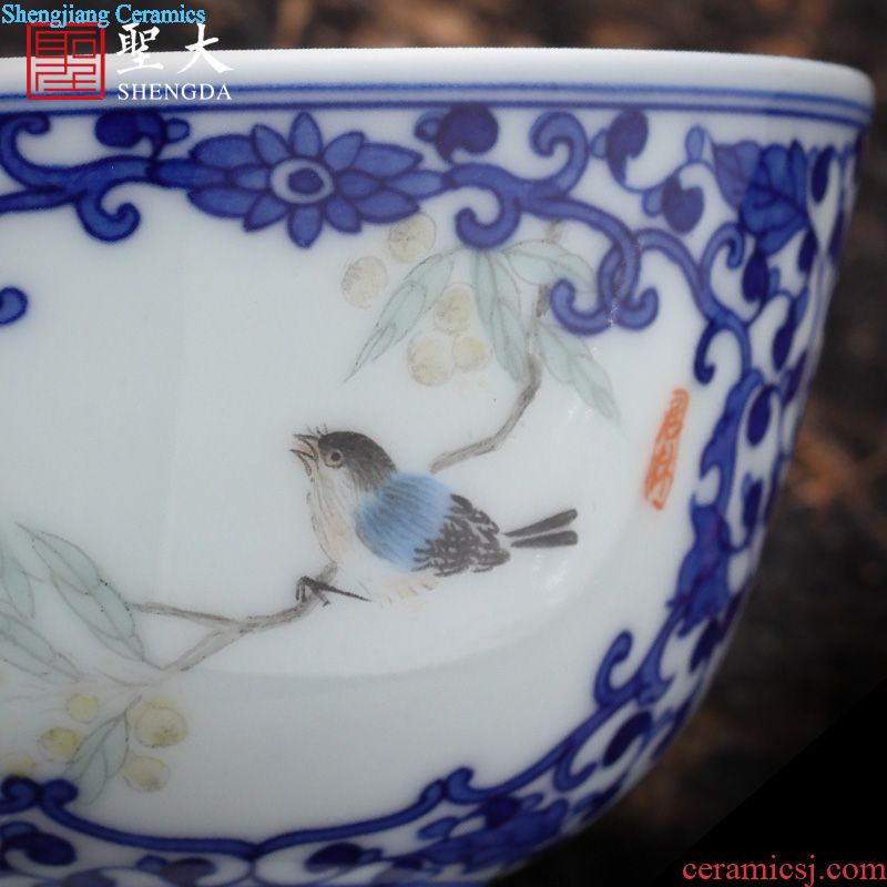Holy big three tureen kung fu tea cup only hand-painted ceramic blue sea grain tea bowl full manual of jingdezhen tea service
