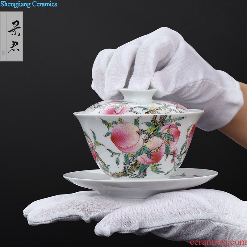Jingdezhen ceramics ji blue glaze hand-painted colored enamel paint branch flowers tureen lid cup kung fu tea set