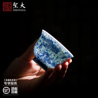 Holy big ceramic bowl with hand-painted antique blue-and-white phase lines lie foot bubble green treasure bowl full manual of jingdezhen tea service
