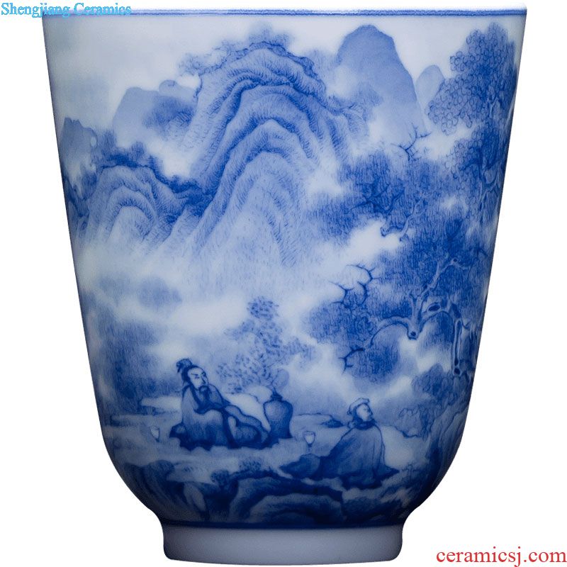 Holy big ceramic kung fu tea set eight head of a complete set of jingdezhen blue and white color bucket antique hand-painted figure set of tureen household