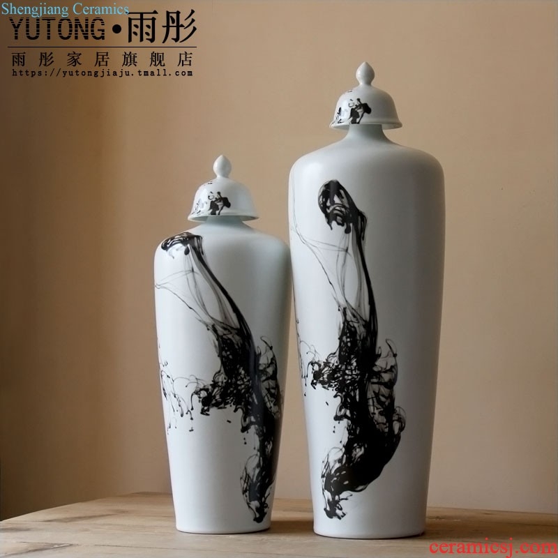 Jingdezhen ceramic furnishing articles hand-painted thick bamboo bird cover ceramic pot villa decoration floor vase