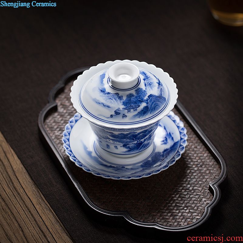 Jingdezhen blue and white landscape three manual only tureen hand-painted ceramic tureen worship bowl tea bowl of kung fu tea cups