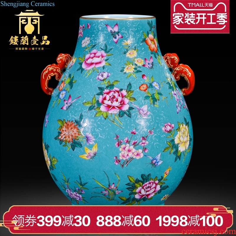 Jingdezhen ceramic hand-painted grilled pastel flowers kam tong prosperous general tank Chinese style living room home decoration collection furnishing articles