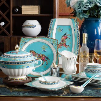 Blue and white and exquisite porcelain tableware suit Jingdezhen ceramics bone bowls plates glair 70 high-end gifts
