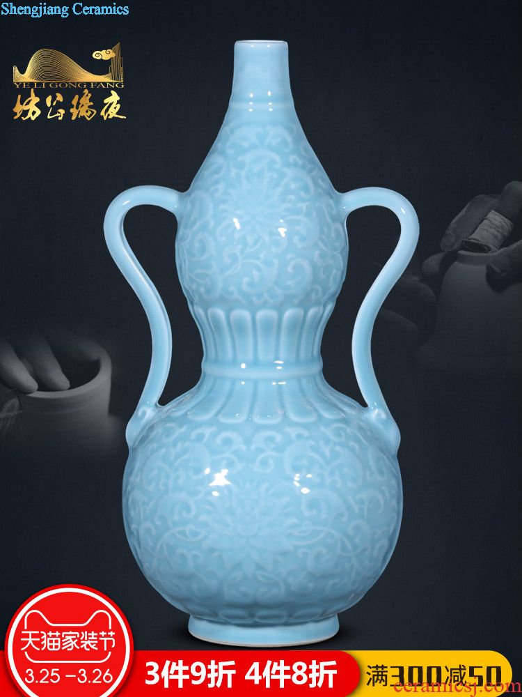 Jingdezhen ceramics vase furnishing articles imitation qing qianlong powder blue glaze double ears sitting room of Chinese style household ornaments