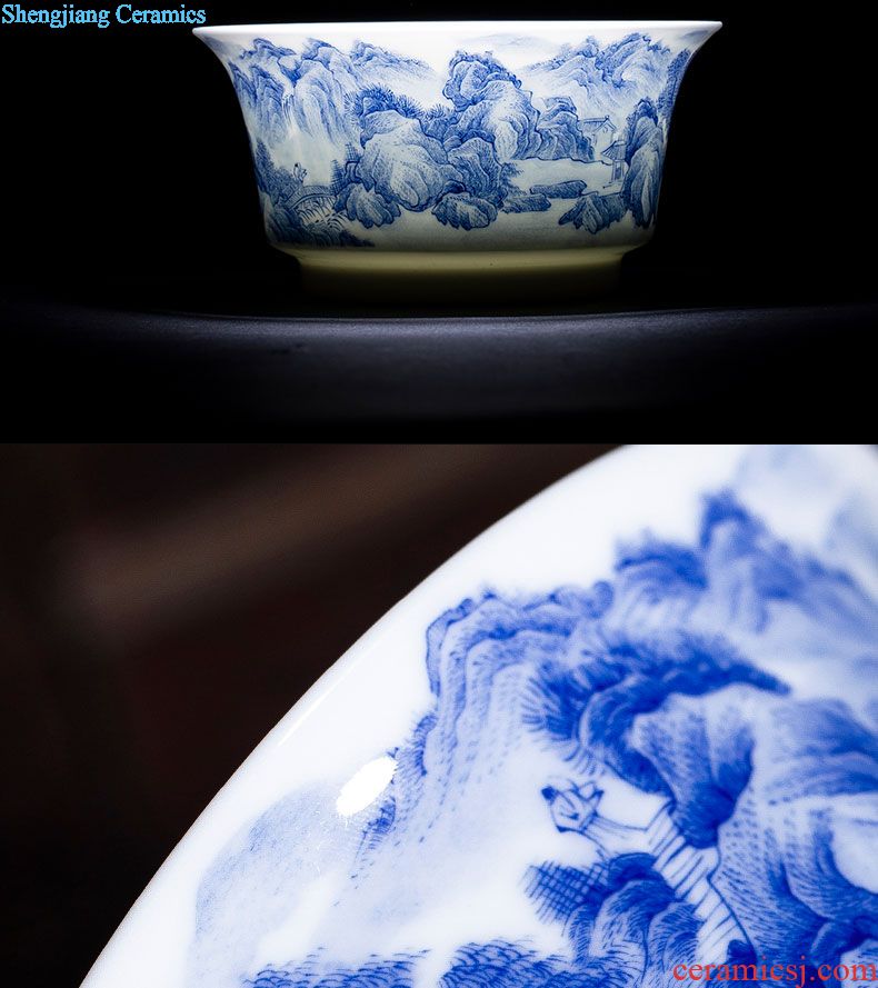 Santa ceramics jingdezhen blue and white landscape three hand-painted heavy industry tureen kung fu tea tea tea bowl by hand