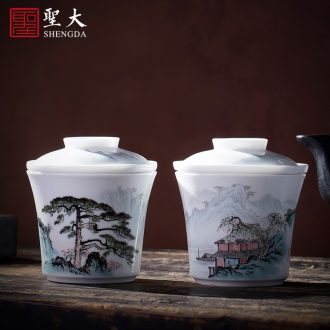 Holy big ceramic cover buy blue and white hoard of hand-painted landscape cover all hand jingdezhen kung fu tea accessories cover holder frame
