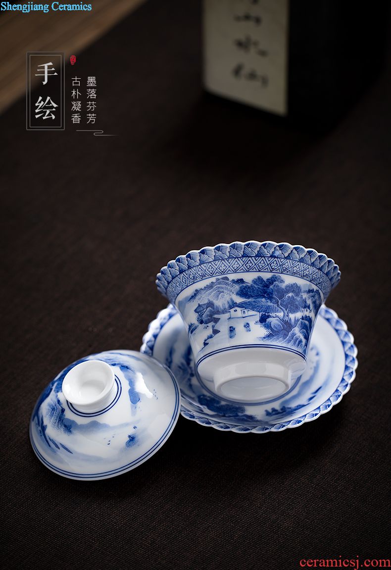 Jingdezhen blue and white landscape three manual only tureen hand-painted ceramic tureen worship bowl tea bowl of kung fu tea cups