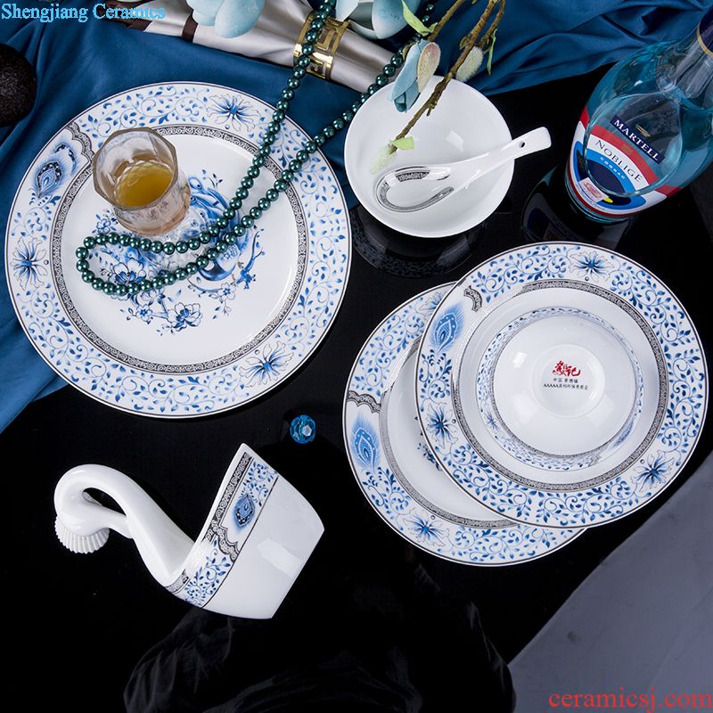 Jingdezhen high-grade bone China tableware suit Chinese colored enamel royal household tableware luxurious dishes suit with a gift