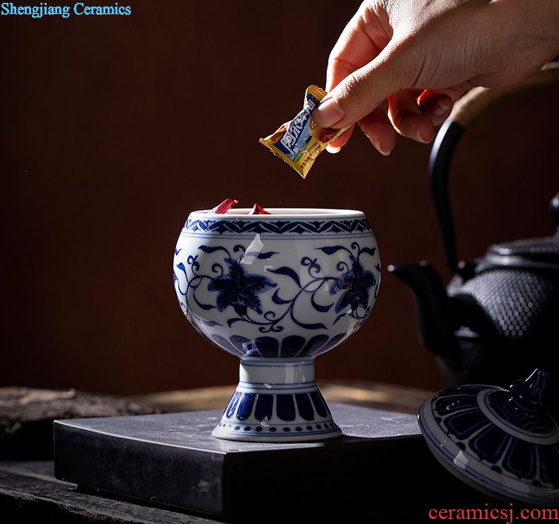 Holy big ceramic cover rear hand-painted imitation Ming blue and white with a bunch of lotus lines cover all hand jingdezhen kung fu tea accessories