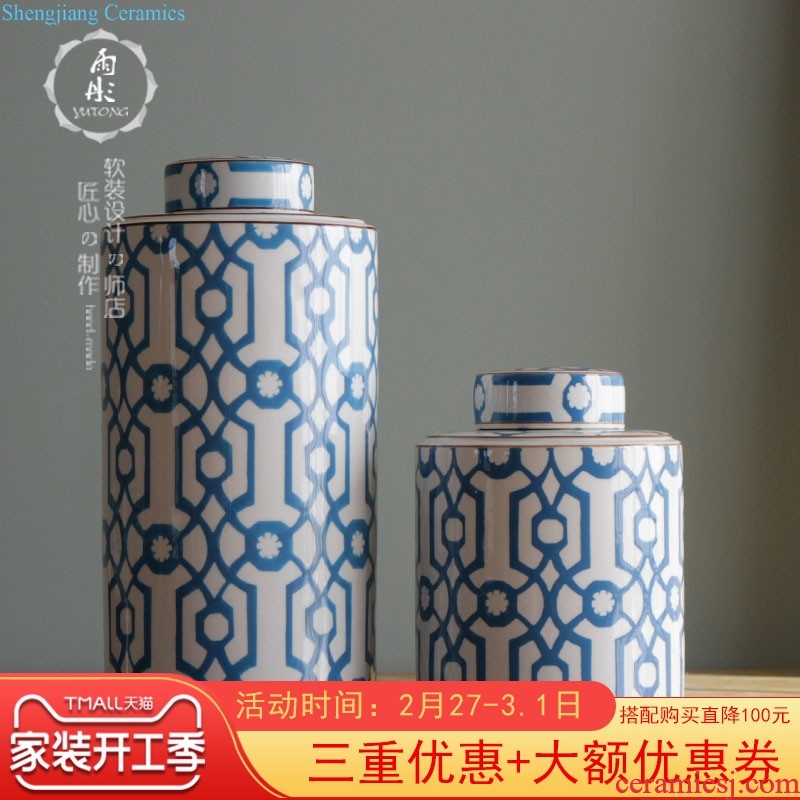 The rain tong home | blue and white porcelain of jingdezhen ceramics The quartet with cover storage tank snack jars furnishing articles porch decoration