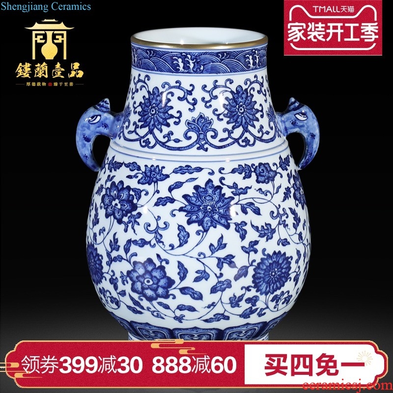 Jingdezhen ceramics imitation of yuan blue and white characters war large storage tank cover home sitting room adornment porcelain collection furnishing articles