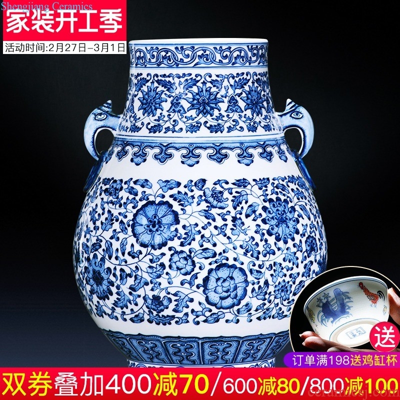 Jingdezhen ceramics hand-painted large blue and white porcelain vase flower arranging furnishing articles of Chinese style living room home decoration decoration