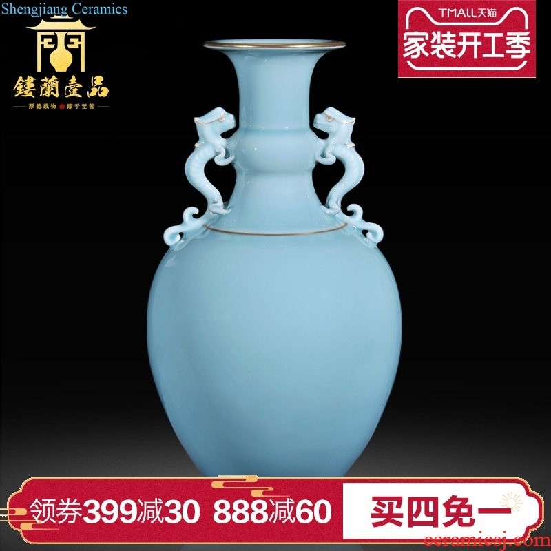 Jingdezhen ceramics imitation qing qianlong powder blue ear long belly big vase sitting room adornment of Chinese style household furnishing articles