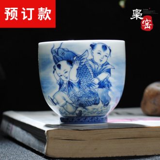 Owl kiln Archaize of jingdezhen blue and white porcelain tea set hand-painted tureen tea cups Handmade ceramic tea bowl three cups