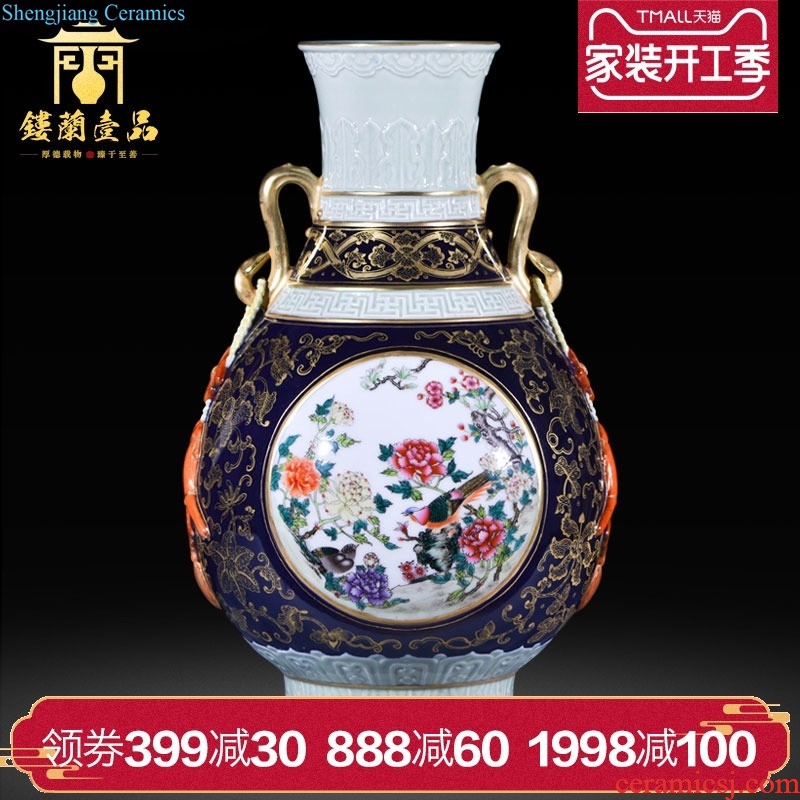 Jingdezhen ceramics imitation qing qianlong blue tie up lotus flower dragon plum bottle home sitting room decorative furnishing articles