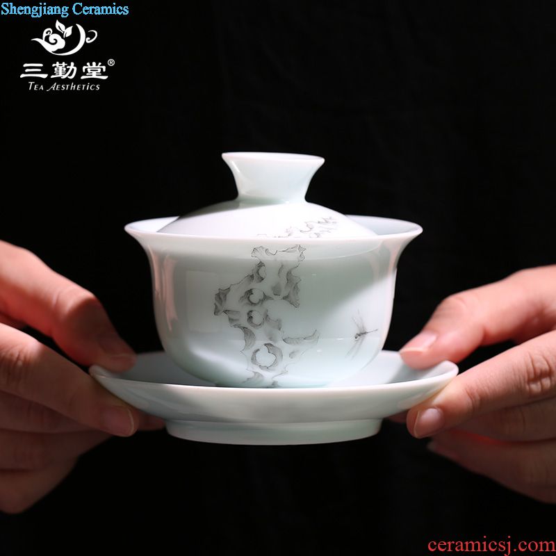 The three frequently tureen suit household sample tea cup of jingdezhen ceramic hand-painted kung fu tea set S13006 blue tie up branches