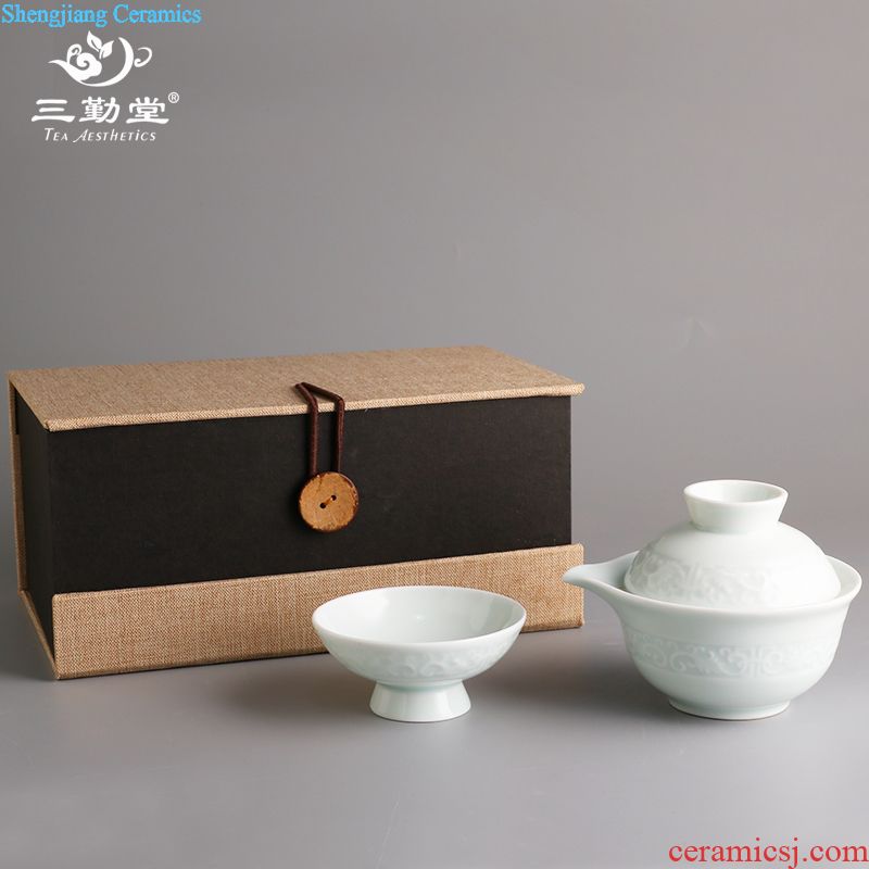 Three frequently shadow celadon tea set Household jingdezhen kung fu tea tureen noggin fair mug 6 pack