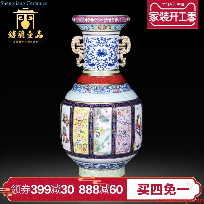 Jingdezhen ceramics imitation qing yongzheng blue tie up branch lotus the lion shell vase Chinese sitting room adornment is placed