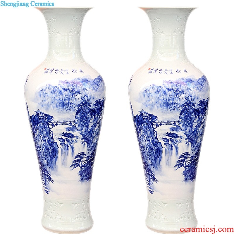 E189 jingdezhen ceramic handmade painting on blue and white glaze of large vases, blooming flowers sitting room adornment is placed