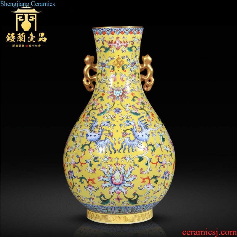 Jingdezhen ceramic imitation qing qianlong emperor kiln enamel around flowers hollow out grain double phoenix grain vase sitting room adornment is placed