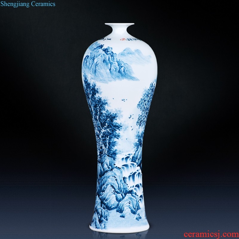 Jingdezhen ceramic vase landing large blue and white porcelain porcelain hand-painted Chinese style household adornment furnishing articles in the living room