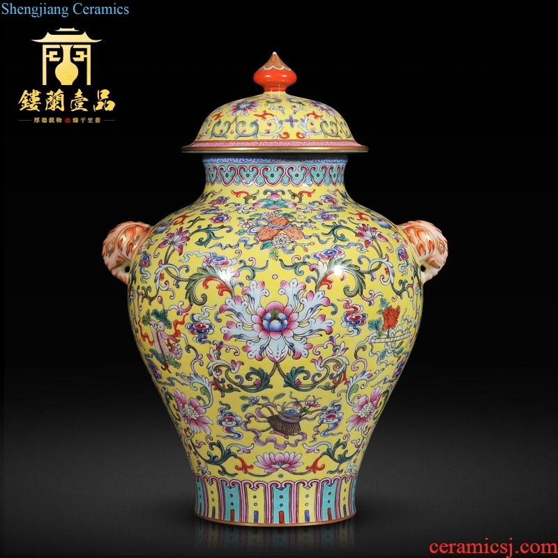 Jingdezhen imperial kiln chinaware pastel yellow medallion in the four seasons of flowers and birds grain collection bottles of the sitting room decorate household furnishing articles