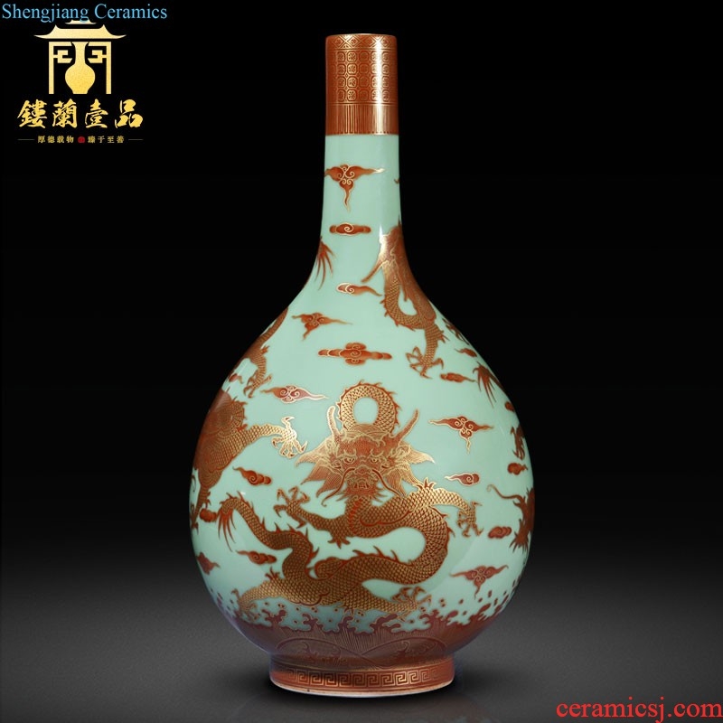 Jingdezhen ceramics imitation qing qianlong pea green paint dragon gall bladder vases, new Chinese style household adornment sitting room