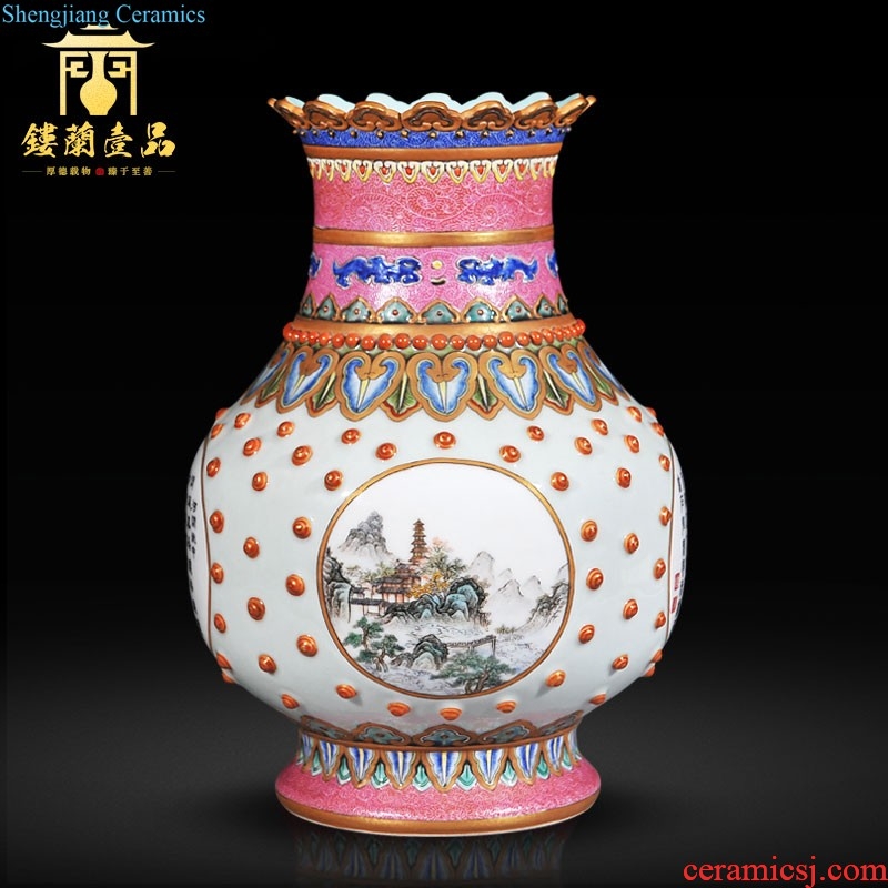 Jingdezhen imperial kiln chinaware imitation qing yongzheng pastel flower pattern six-party flower vase with Buddha sitting room home decoration furnishing articles