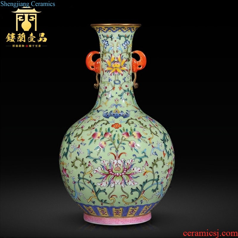 Imperial kiln jingdezhen ceramic imitation qing qianlong pastel green space around flowers happy character lines cover pot sitting room adornment is placed