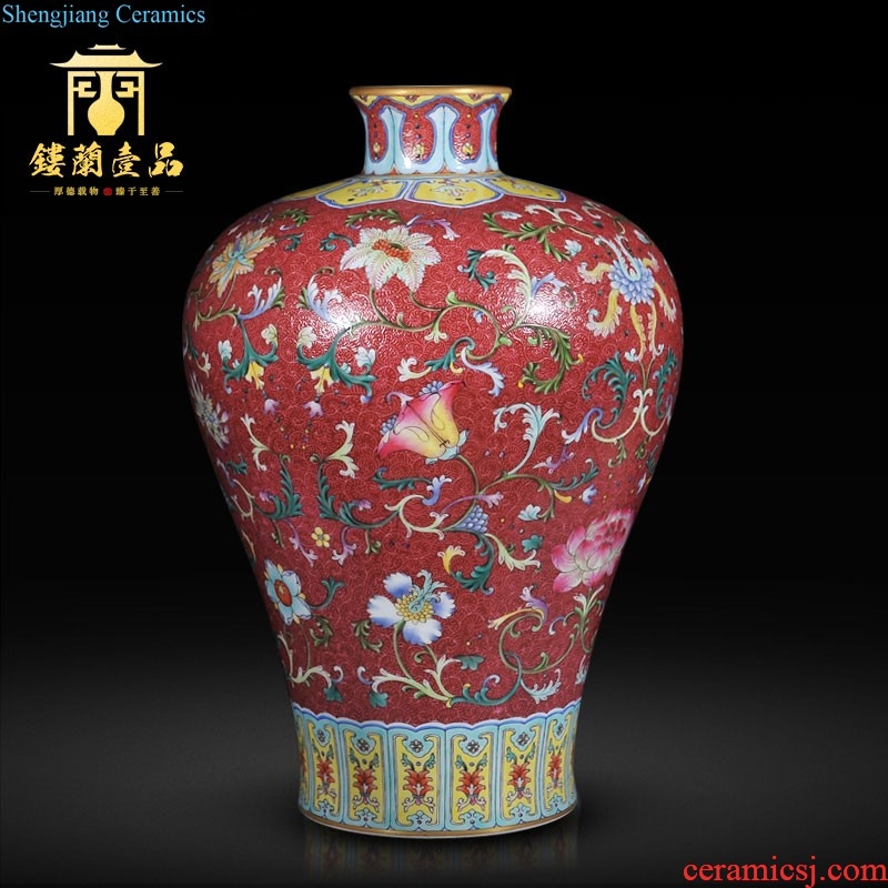 Jingdezhen ceramics Imitation qing qianlong pastel gathers up the flower flowers and butterflies grain mei bottle Home furnishing articles collection