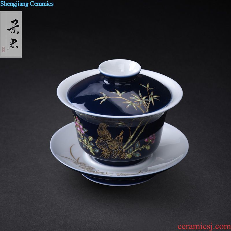 Jingdezhen ceramics ji blue glaze hand-painted paint wrap branch flowers only three tureen lid cup kung fu tea cups