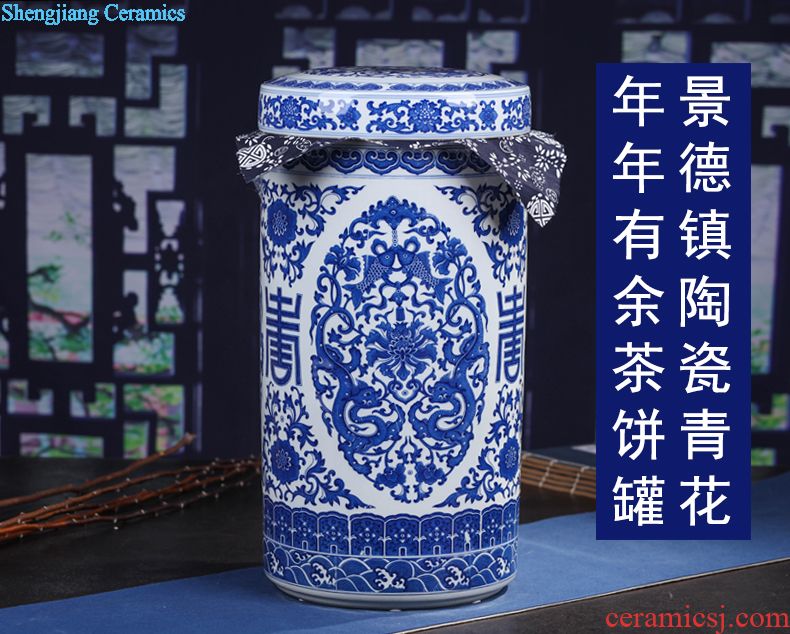 Jingdezhen blue and white celadon ceramics retro puer tea cake tin POTS large tea caddy gift box packaging