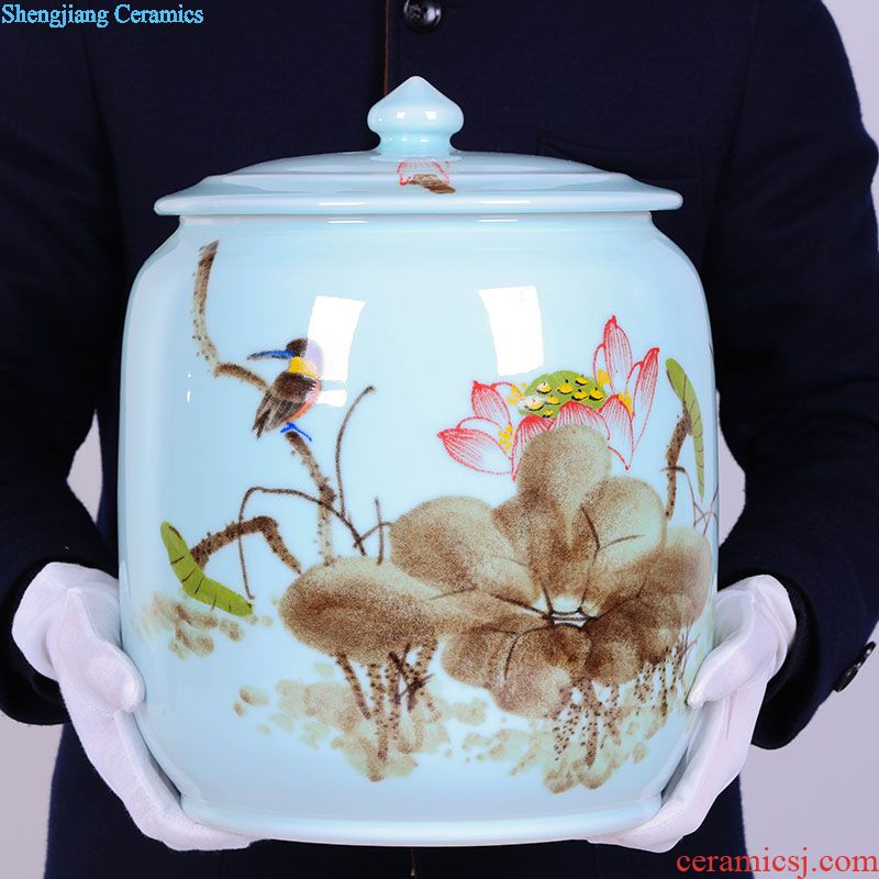 Jingdezhen ceramic hand-painted porcelain tea pot large POTS of tea cake storage tank ten loaves puer tea cylinder