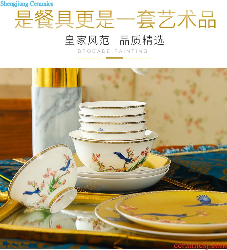 Dishes suit Chinese shadow blue glaze high-grade bone China tableware suit under the glaze painted pottery bowls set household gifts JinHe