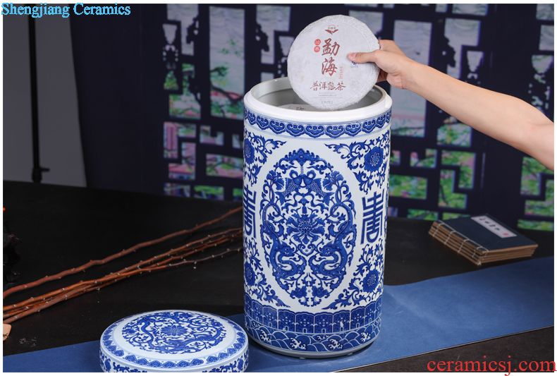 Jingdezhen blue and white celadon ceramics retro puer tea cake tin POTS large tea caddy gift box packaging