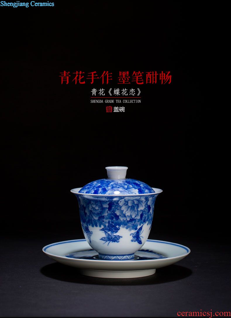 The big three to blue and white chrysanthemum tureen hand-painted ceramic large butterfly tattoo all hand jingdezhen kung fu tea tea bowl