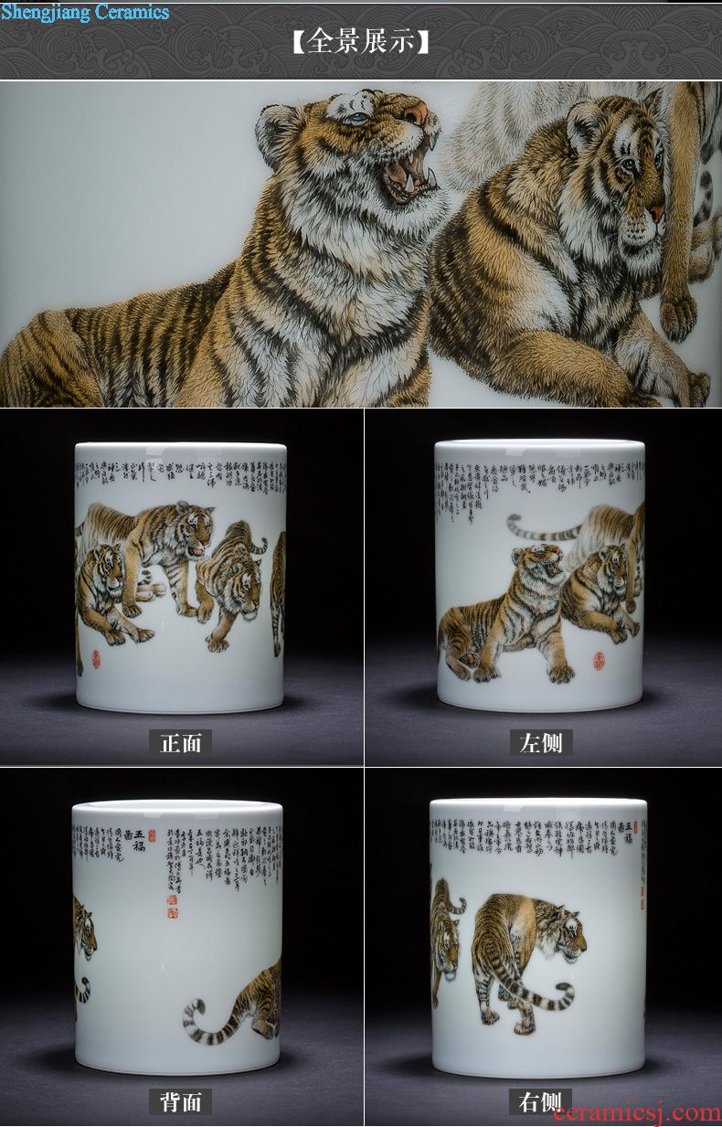 Holy big ceramic brush pot large hand-painted color heavy new snow leopard figure hair brush pot "four China jingdezhen