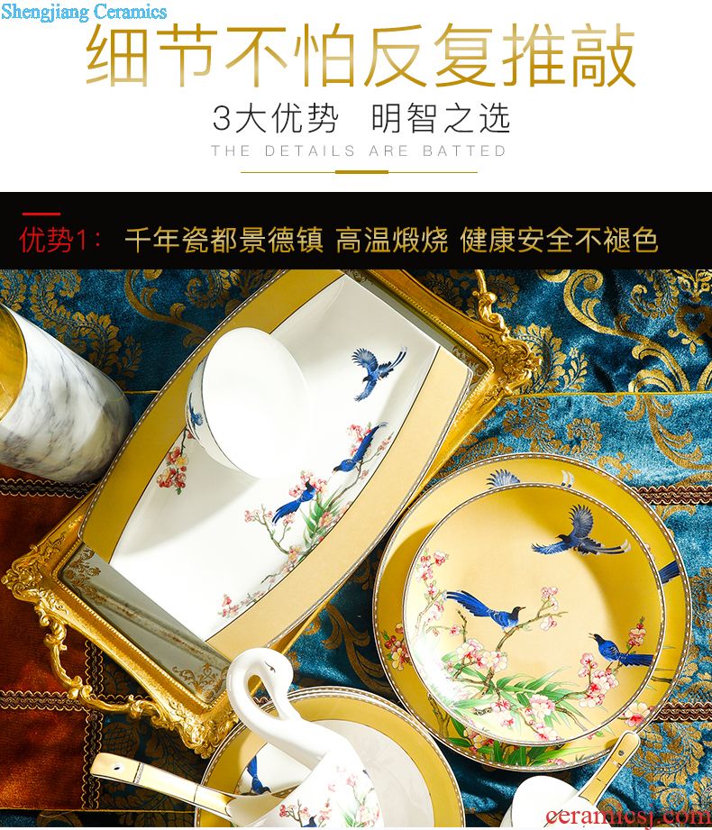 Dishes suit Chinese shadow blue glaze high-grade bone China tableware suit under the glaze painted pottery bowls set household gifts JinHe