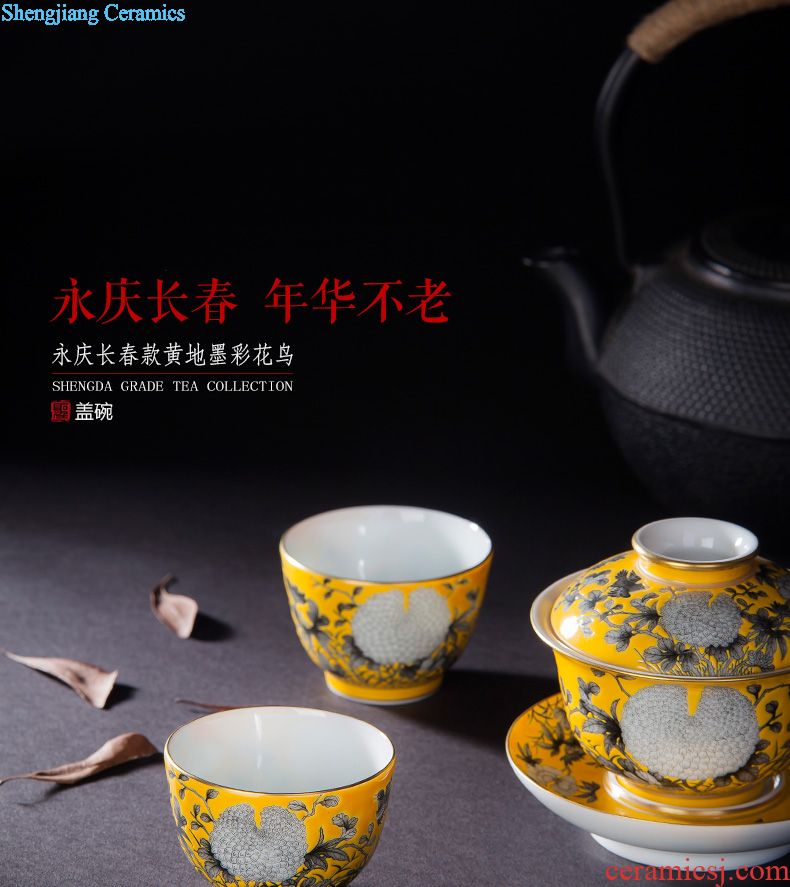 Santa tureen of pottery and porcelain teacup archaize town.the changchun three kind of yellow in color ink painting of flowers and birds to bowl of jingdezhen tea service
