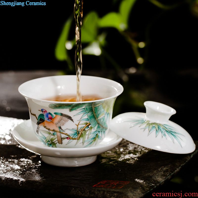 Covered bowl bowl bowl three cups Jingdezhen ceramic ji blue kung fu tea set Manual paint landscape tea bowl