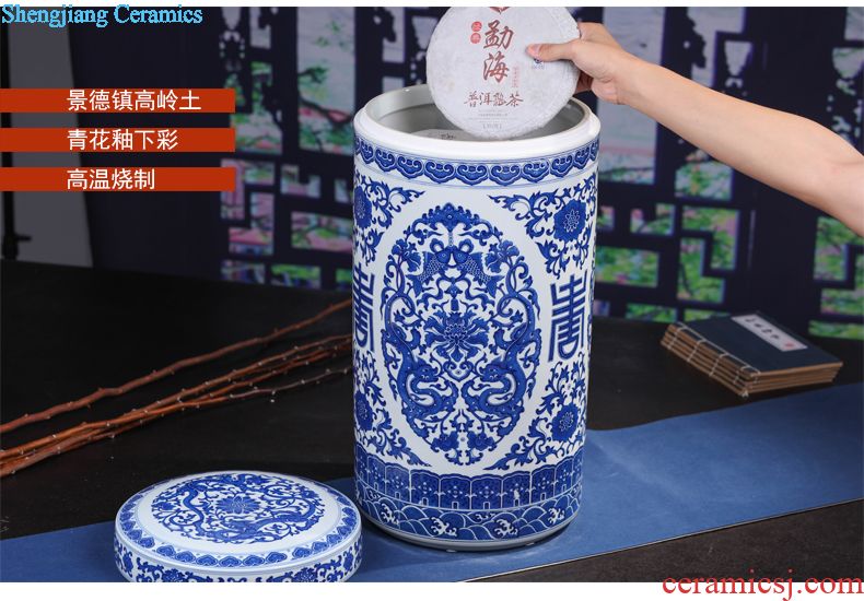 Jingdezhen blue and white celadon ceramics retro puer tea cake tin POTS large tea caddy gift box packaging