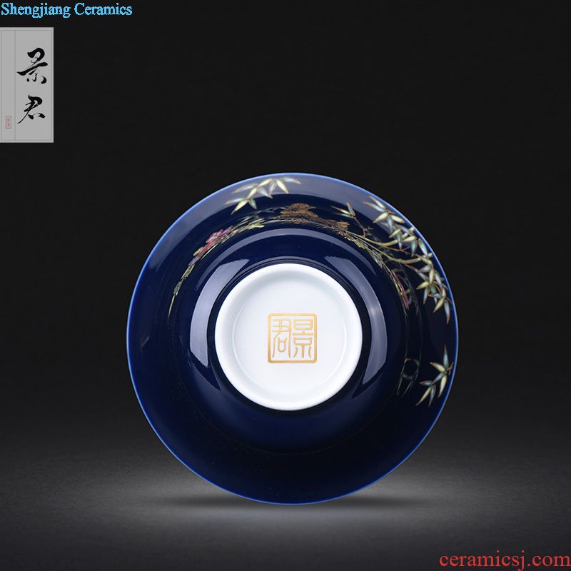 Jingdezhen ceramics ji blue glaze hand-painted paint wrap branch flowers only three tureen lid cup kung fu tea cups