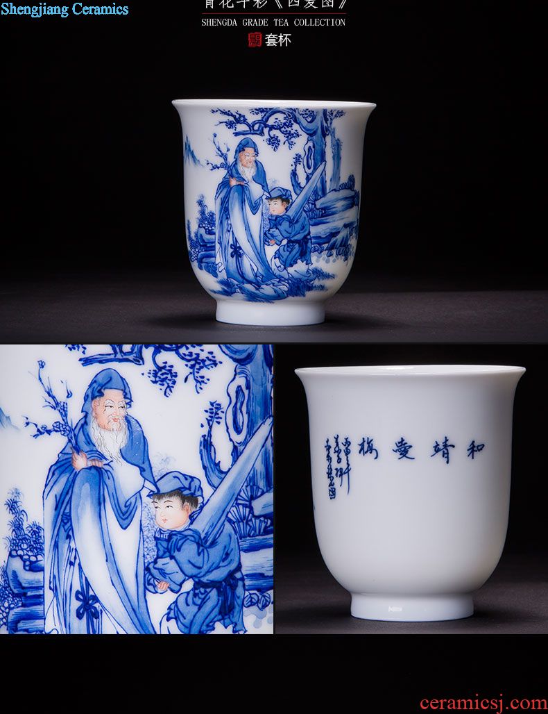 Santa jingdezhen tea tea set ji blue glaze ceramic hand-drawn heart sutra manual kung fu all three of the bowl tureen tea cups