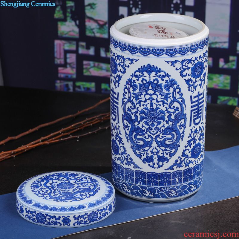 Jingdezhen blue and white celadon ceramics retro puer tea cake tin POTS large tea caddy gift box packaging