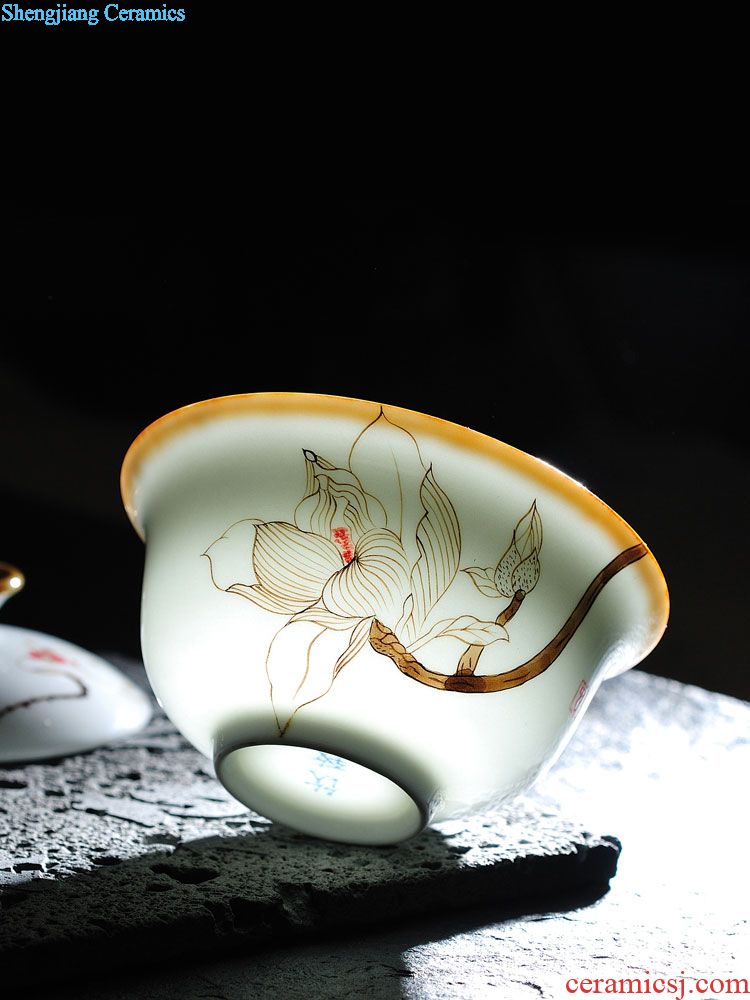 Drink to kiln hand-painted ceramic tureen jingdezhen porcelain bowl tea cup three bowl of kongfu tea cups trumpet