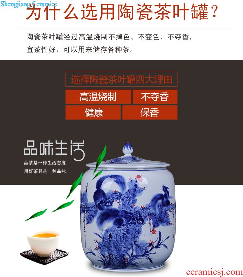 Jingdezhen ceramic hand-painted caddy large blue and white lotus tea cake tin puer tea cylinder ten loaves of bread
