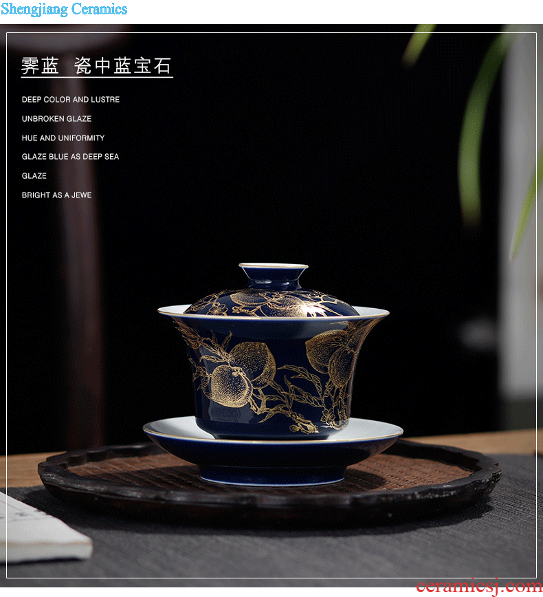 Jingdezhen ji blue tureen Ceramic kung fu tea set three tureen Hand-painted paint tea bowl bowl by hand