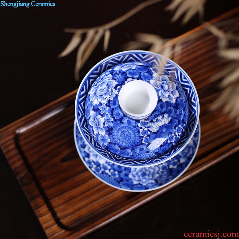 Jingdezhen ceramic tureen tea hand-painted colored enamel three bowls Large hand antique flower powder enamel cups