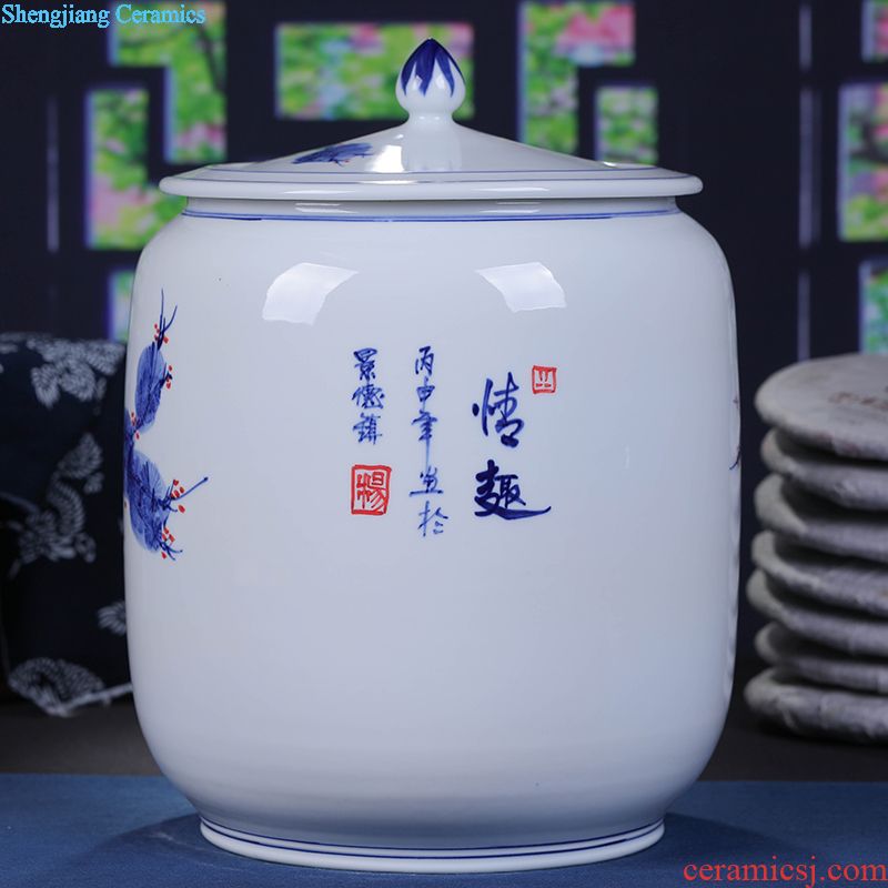 Jingdezhen ceramic hand-painted caddy large blue and white lotus tea cake tin puer tea cylinder ten loaves of bread
